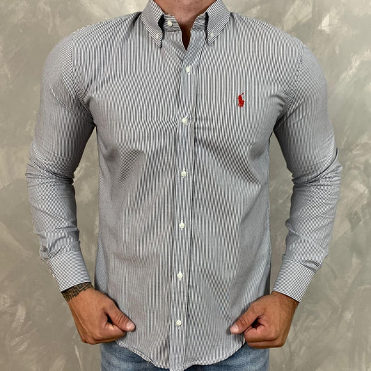 Camisa Ralph Lauren Manga Longa Listrada Cinza - Ref. 40583